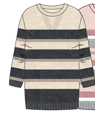 Robe - Mandarines & Co en maille rayée beige et gris foncé, manches longues, pour fille, vue de face