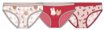 Paquet de 3 culottes - Mandarine & Co pour fille en coton et spandex, couleurs rouge, beige et rose, motifs lapin et cerises, vue de face.