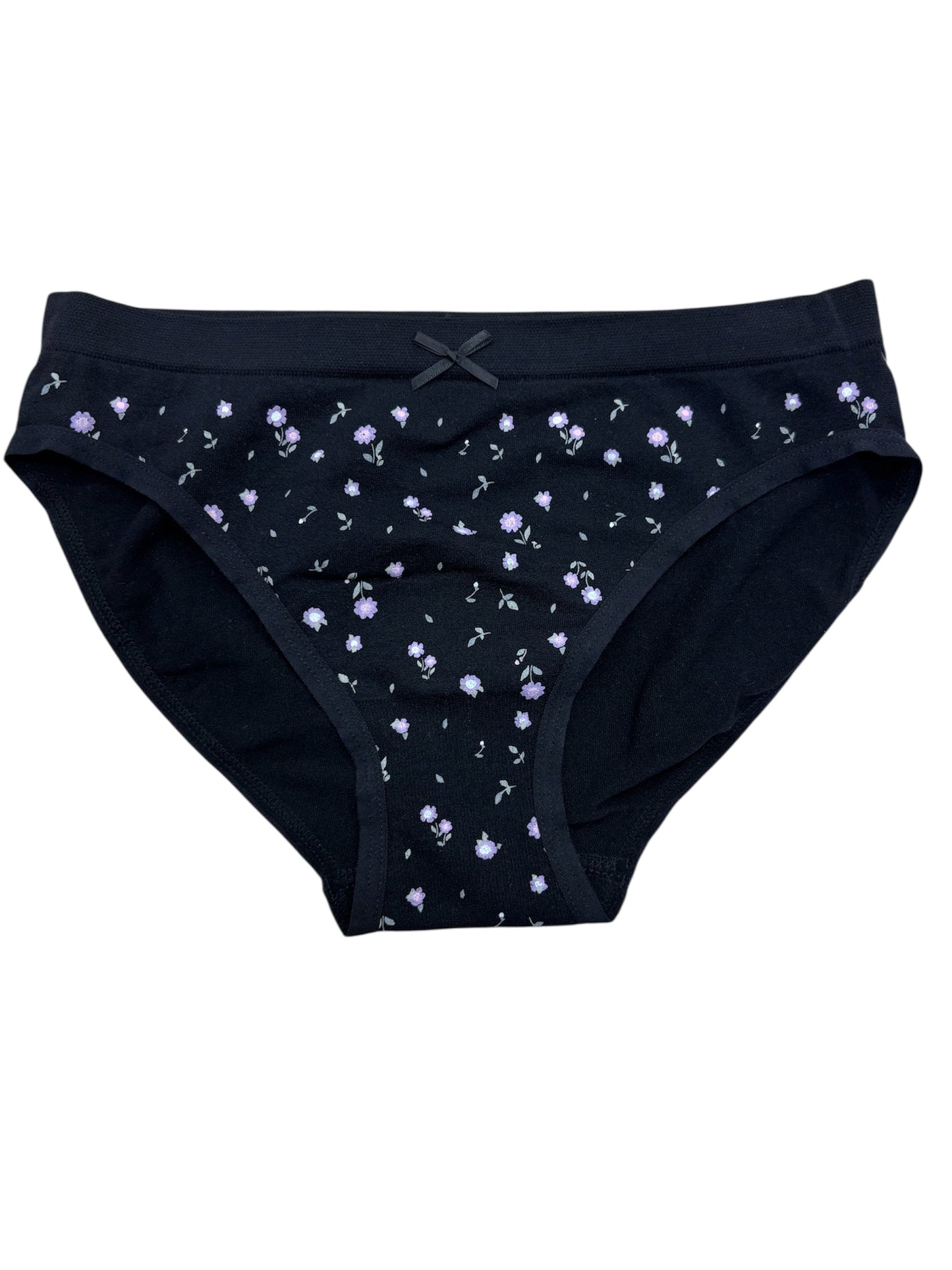 Culotte - Mandarine & Co noire à petits motifs floraux violets, style classique en nylon et spandex, pour fille, vue de face.