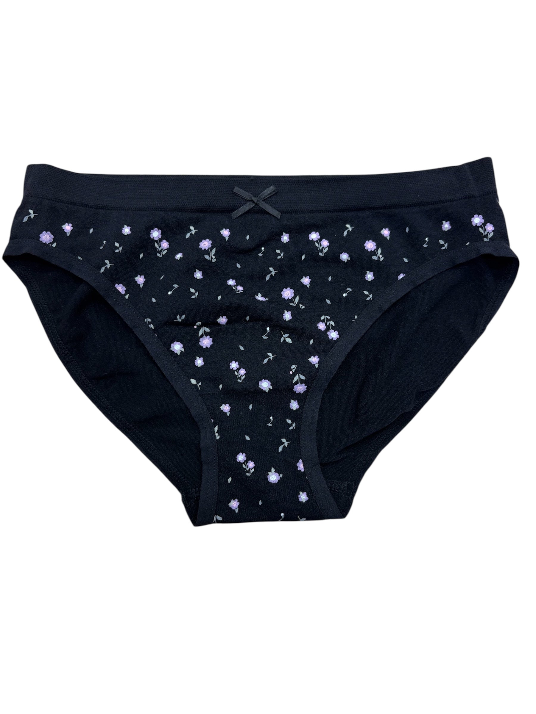 Culotte - Mandarine & Co noire à petits motifs floraux violets, style classique en nylon et spandex, pour fille, vue de face.