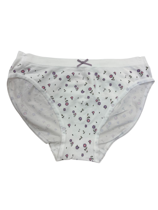Culotte - Mandarine & Co blanche à petits motifs floraux roses et violets, noeud décoratif devant, pour fille, vue de face.
