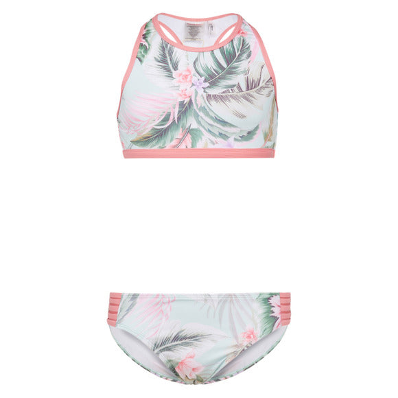 Maillot de bain - Mandarine & Co deux pièces pastel à motifs feuillage vert et rose, pour fille, vue de face