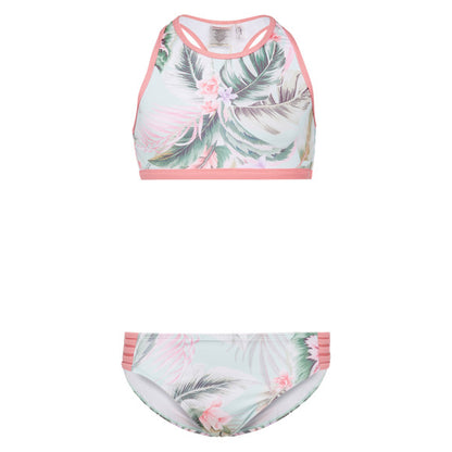 Maillot de bain - Mandarine & Co deux pièces pastel à motifs feuillage vert et rose, pour fille, vue de face