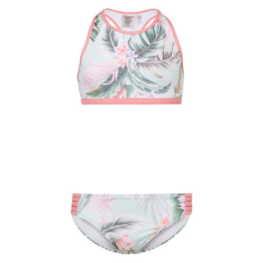 Maillot de bain - Mandarine & Co deux pièces pastel à motifs feuillage vert et rose, pour fille, vue de face