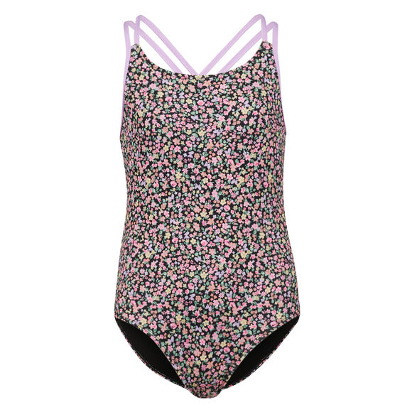 Maillot de bain - Mandarine & Co une pièce fleurs roses jaunes et vertes, bretelles croisées, polyester et spandex, vue de face et dos enfant