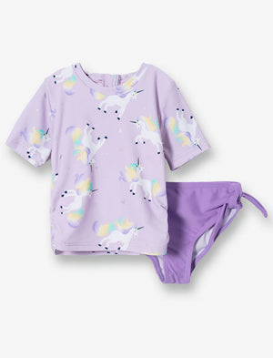 Maillot de bain - Mandarine & Co ensemble mauve avec motifs licornes blanches, jaune et vert pastel, enfant, vue de face, 935x1225 portrait