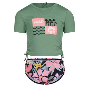 Maillot de bain - Mandarine & Co deux pièces vert clair et rose avec motifs fleurs et palmiers, pour enfant, vue de face