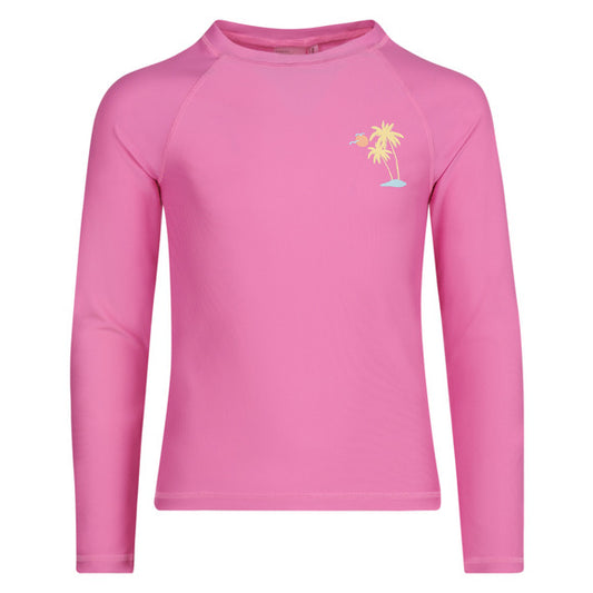 Chandail U.V - Mandarine & Co rose à manches longues avec motif palmier jaune et bleu, pour enfant, vue de face