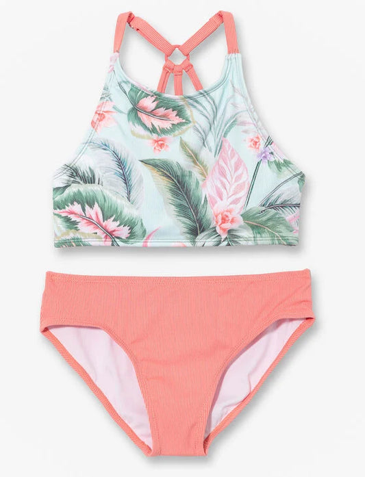Maillot de bain - Mandarine & Co deux pièces avec haut imprimé feuilles vertes et roses, bas corail, pour fille, vue de face.