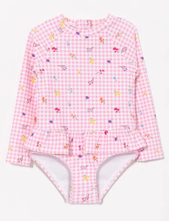 Maillot de bain - Mandarine & Co une pièce manches longues rose à carreaux blancs avec motifs floraux, pour fille, vue de face
