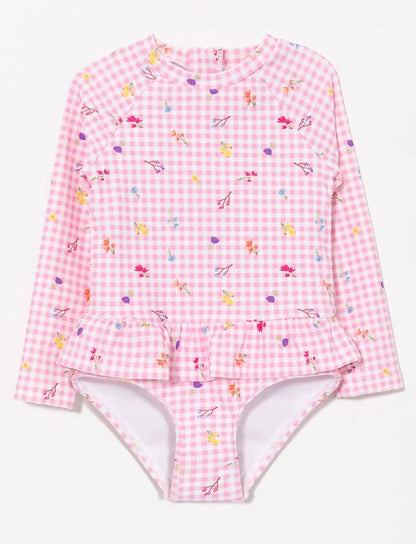 Maillot de bain - Mandarine & Co une pièce manches longues rose à carreaux blancs avec motifs floraux, pour fille, vue de face