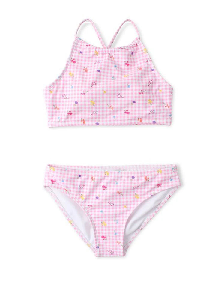 Maillot de bain - Mandarine & Co, bikini rose à carreaux blancs avec motifs multicolores, pour fille, vue de face