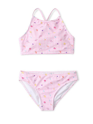 Maillot de bain - Mandarine & Co, bikini rose à carreaux blancs avec motifs multicolores, pour fille, vue de face