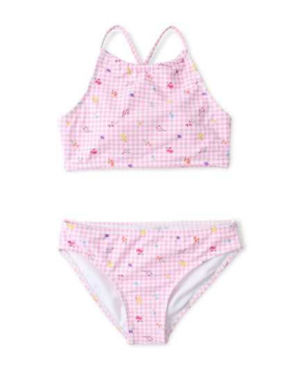 Maillot de bain - Mandarine & Co, bikini rose à carreaux blancs avec motifs multicolores, pour fille, vue de face