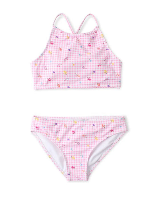 Maillot de bain - Mandarine & Co, bikini rose à carreaux blancs avec motifs multicolores, pour fille, vue de face