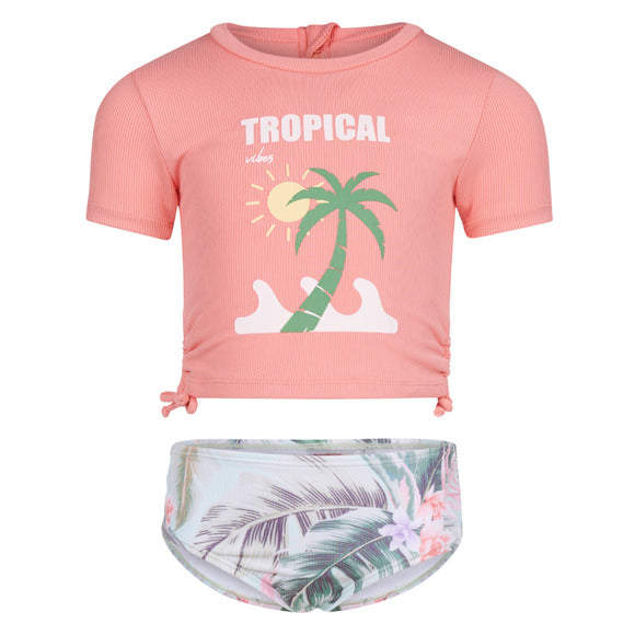 Maillot de bain - Mandarine & Co ensemble deux pièces rose corail et vert à motif palmier, pour enfant, vue de face