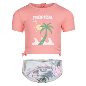 Maillot de bain - Mandarine & Co ensemble deux pièces rose corail et vert à motif palmier, pour enfant, vue de face