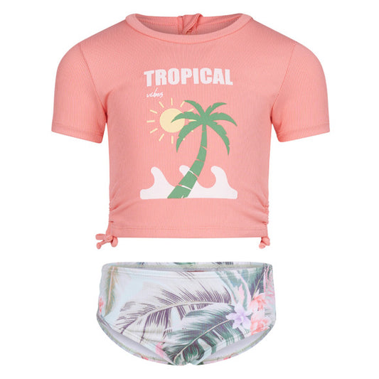 Maillot de bain - Mandarine & Co ensemble deux pièces rose corail et vert à motif palmier, pour enfant, vue de face