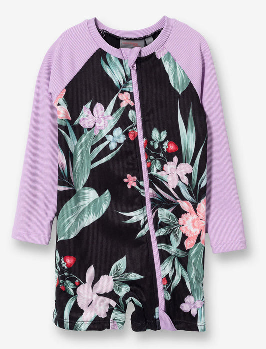 Maillot de bain - Mandarine & Co manches longues violet et rose avec motifs floraux verts et roses, pour enfant, vue de face