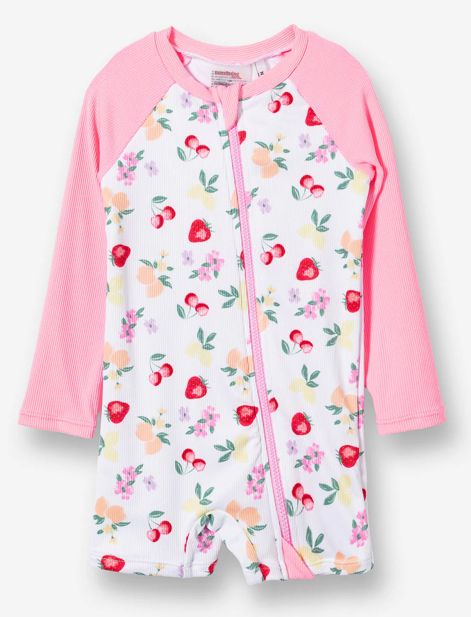 Maillot de bain - Mandarine & Co, combinaison manches longues rose et blanc à motifs floraux multicolores, pour enfant, vue de face