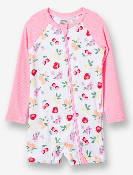 Maillot de bain - Mandarine & Co, combinaison manches longues rose et blanc à motifs floraux multicolores, pour enfant, vue de face