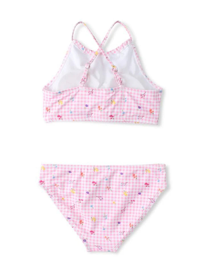 Maillot de bain - Mandarine & Co deux pièces rose à carreaux avec motifs colorés, pour enfant, vue de dos et face.