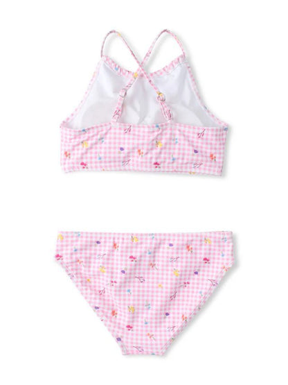 Maillot de bain - Mandarine & Co deux pièces rose à carreaux avec motifs colorés, pour enfant, vue de dos et face.