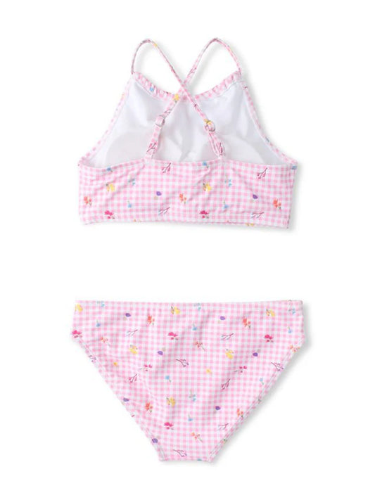 Maillot de bain - Mandarine & Co deux pièces rose à carreaux avec motifs colorés, pour enfant, vue de dos et face.