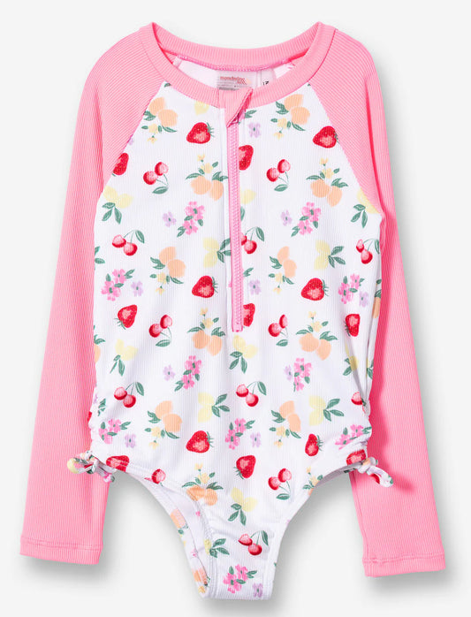 Maillot de bain - Mandarine & Co une pièce manches longues rose avec motifs fruits et fleurs multicolores, enfant, vue de face