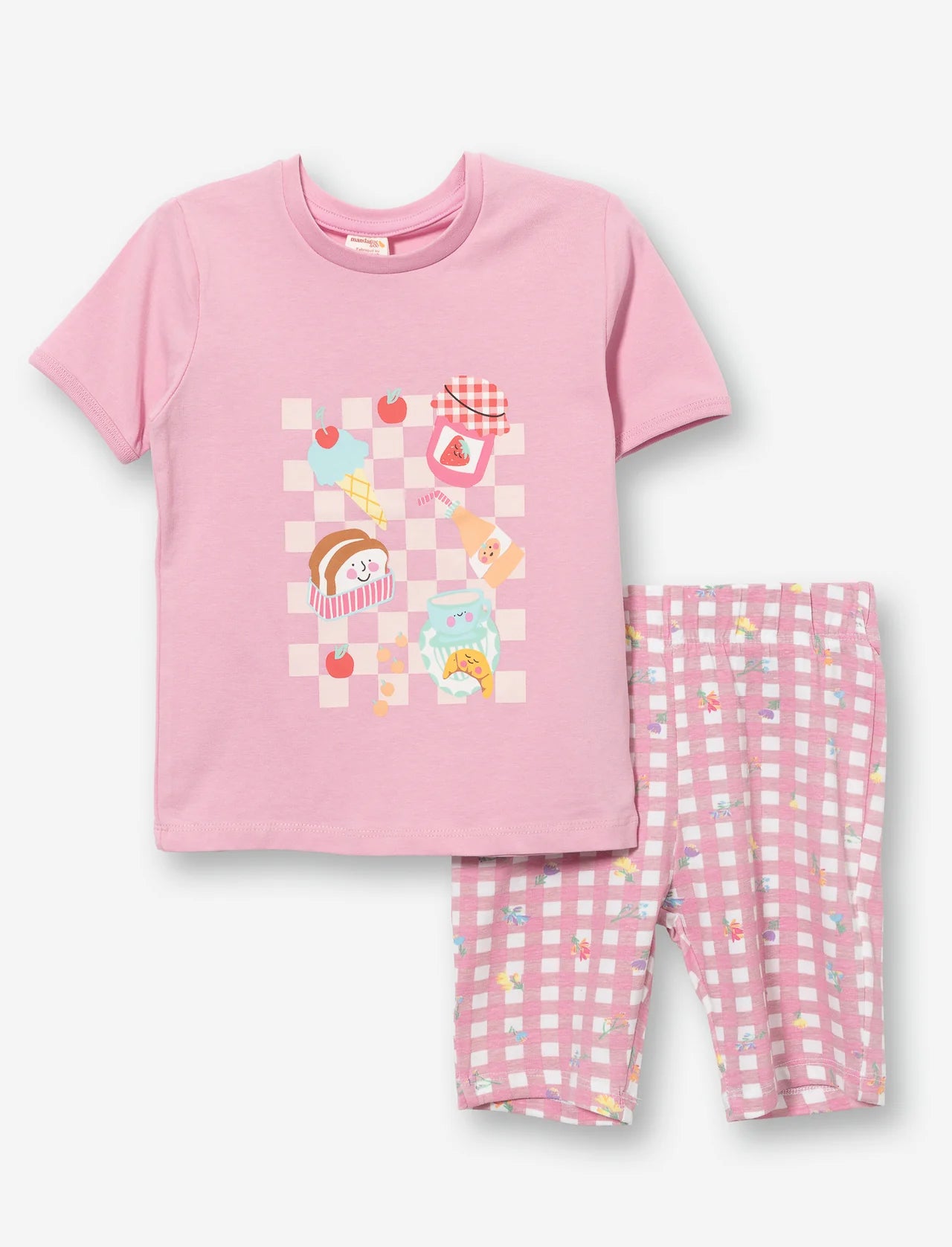 Pyjama 2 Pièces - Mandarine & Co rose clair pour enfant, motif gourmandises, t-shirt manches courtes et short, vue de face.