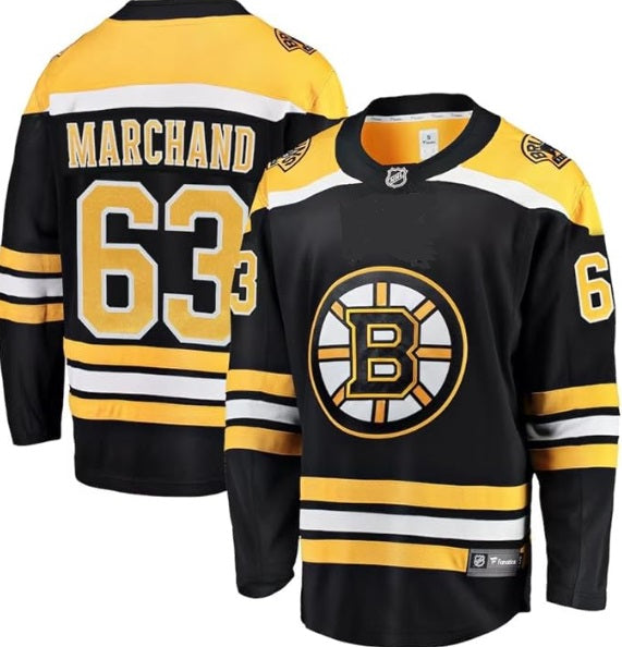 Jersey de hockey - Marchand noir et jaune avec logo devant et numéro 63 au dos, style adulte, vue frontale et dos.