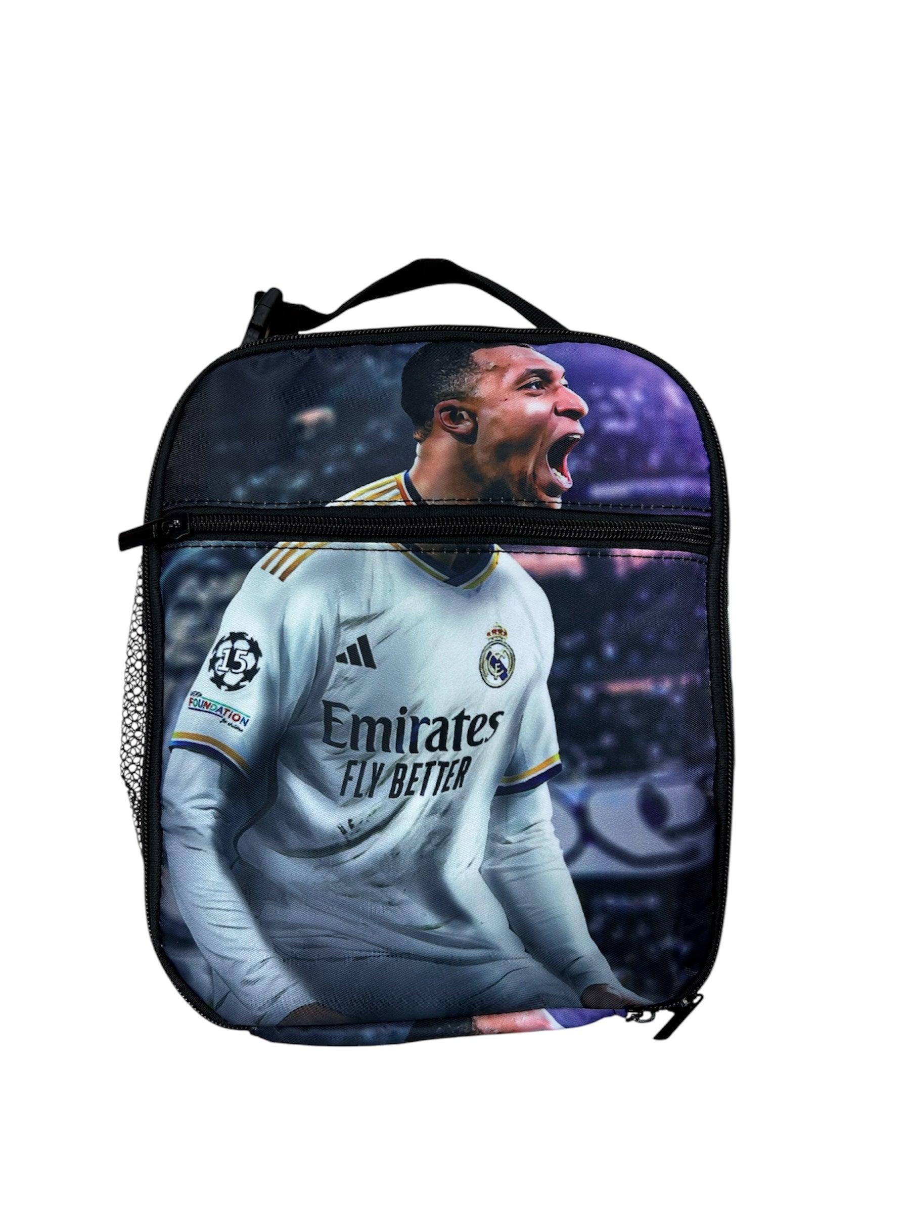 Boite à lunch - Mbappé avec image joueur en maillot blanc Real Madrid, style sport, pour enfant, vue de face.