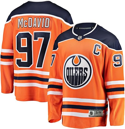 Jersey de hockey - Mc David OILERS orange et bleu marine à manches longues, logo devant, numéro 97, vue de face et dos