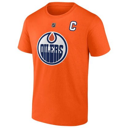 T-Shirt - McDavid Oilers - 3 Pour 60$ orange en coton avec logo Oilers bleu et blanc, col rond, style enfant, vue de profil gauche.