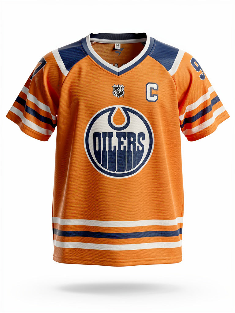 Jersey manches courtes - McDavid Oilers orange et bleu marine en polyester, pour enfant, vue de face.