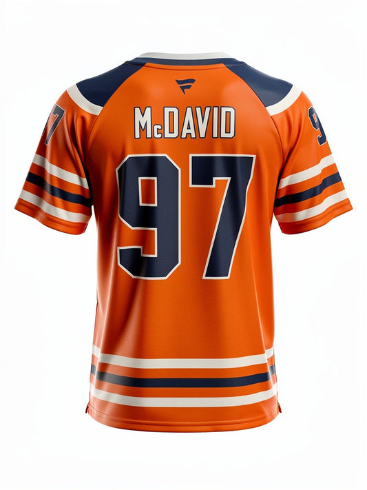 Jersey manches courtes - McDavid Oilers orange et bleu marine en polyester, pour enfant, vue de dos avec numéro 97.