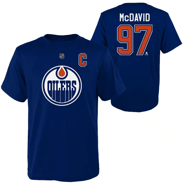 T-Shirt - McDavid Oilers bleu, devant et dos visibles, avec logo Oilers et numéro 97 McDavid, format portrait 752x754.