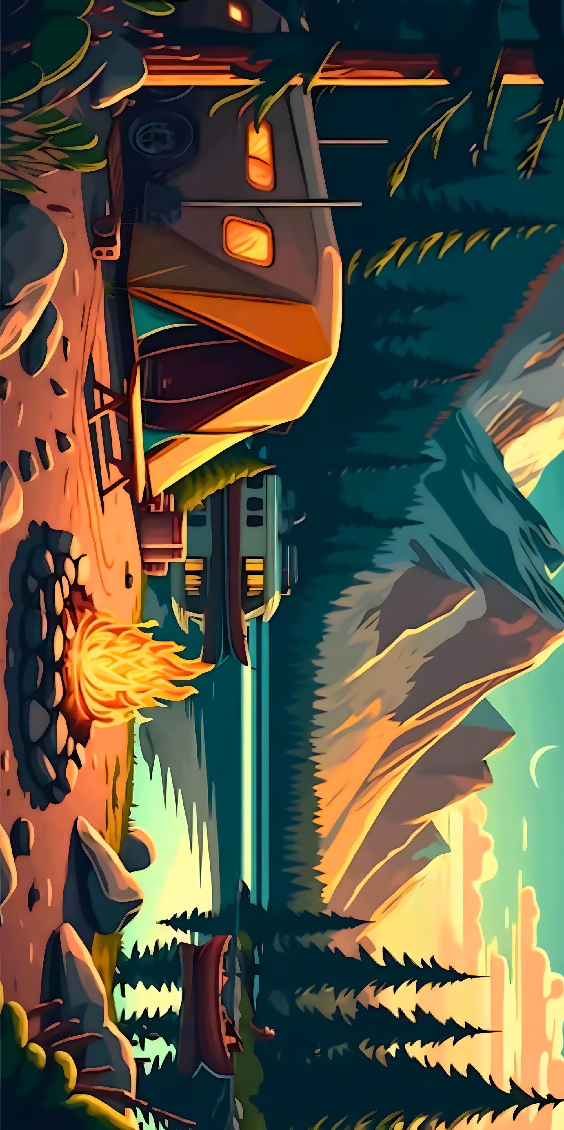 Serviette microfibre - Camping beige et vert, tissu absorbant et anti-sable, vue pliée sur fond nature montagneuse au coucher du soleil