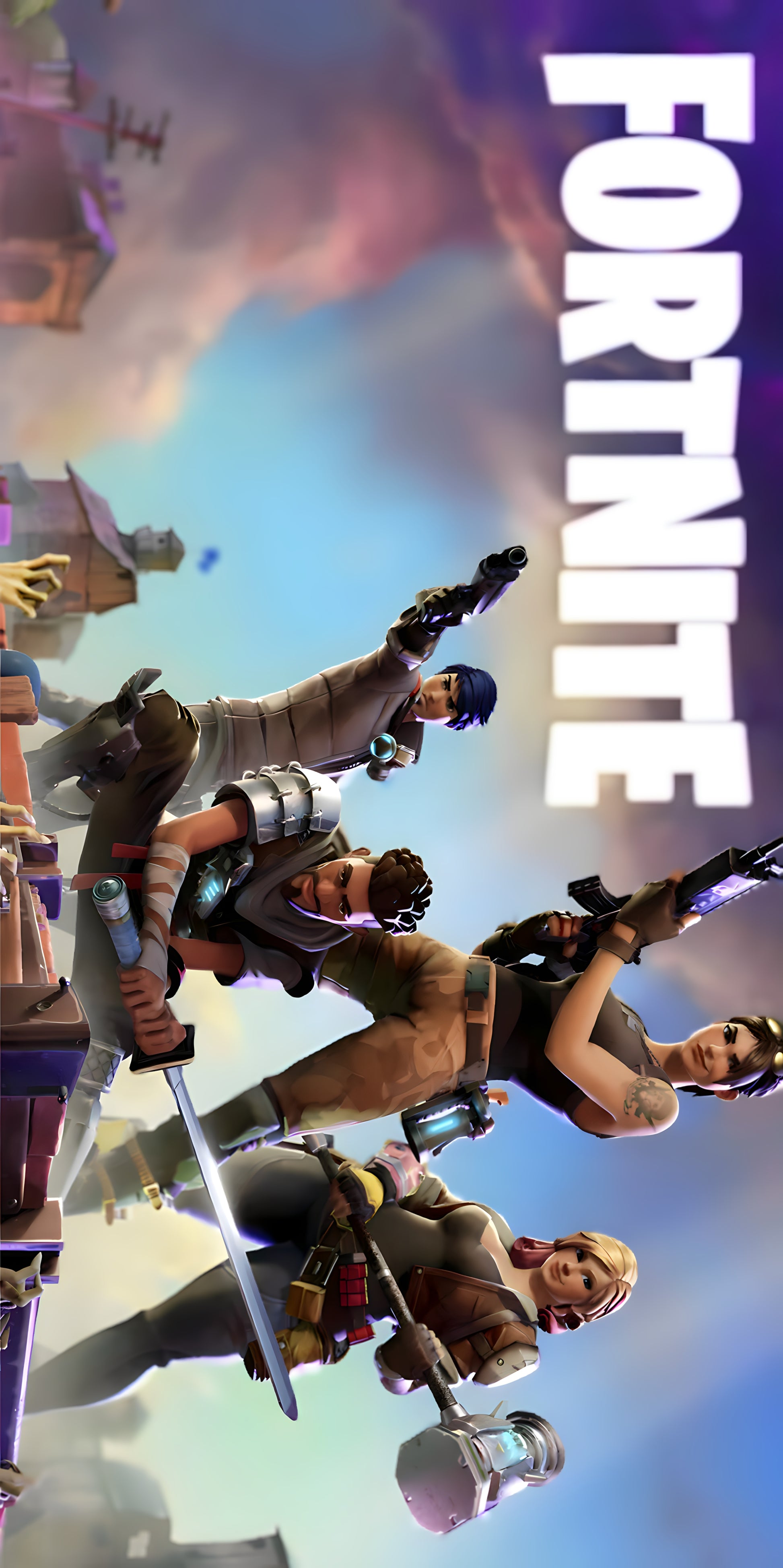 Serviette microfibre - Fortnite avec personnages armés en action, fond ciel nuageux, tons bleu, beige, vue de face