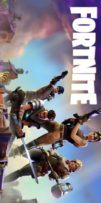 Serviette microfibre - Fortnite avec personnages armés en action, fond ciel nuageux, tons bleu, beige, vue de face