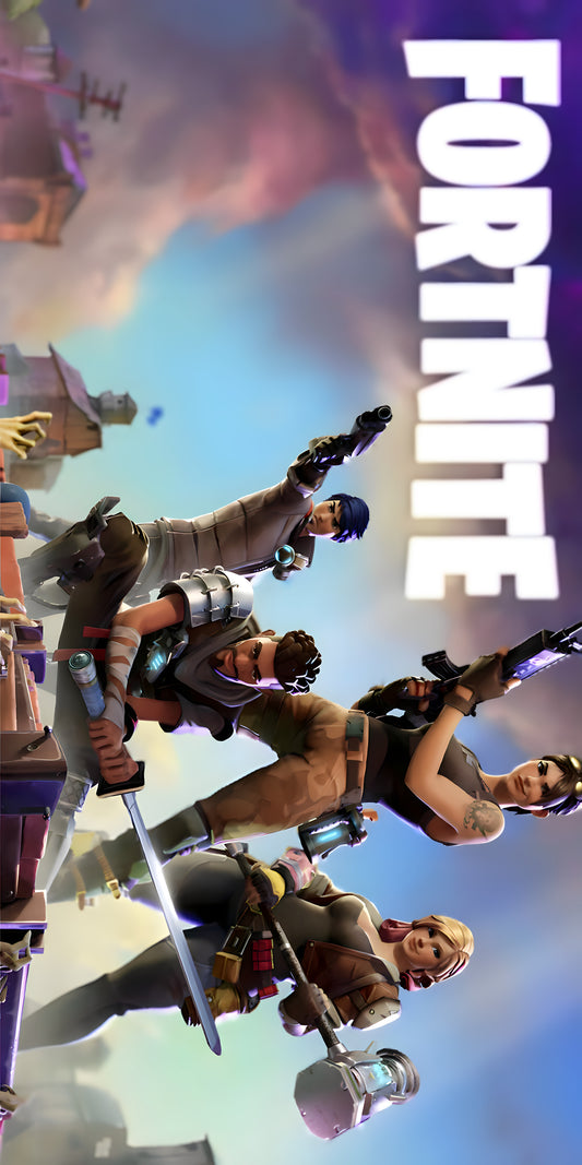 Serviette microfibre - Fortnite avec personnages armés en action, fond ciel nuageux, tons bleu, beige, vue de face