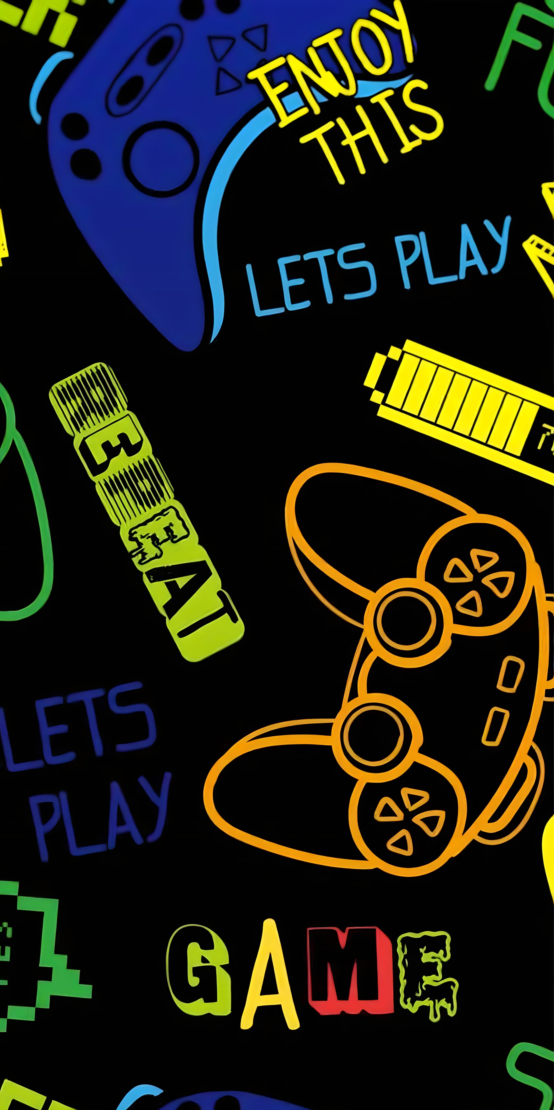 Serviette microfibre - Gamer noire avec motifs manettes bleu, orange, vert, jaune et texte en style jeu vidéo, vue rapprochée