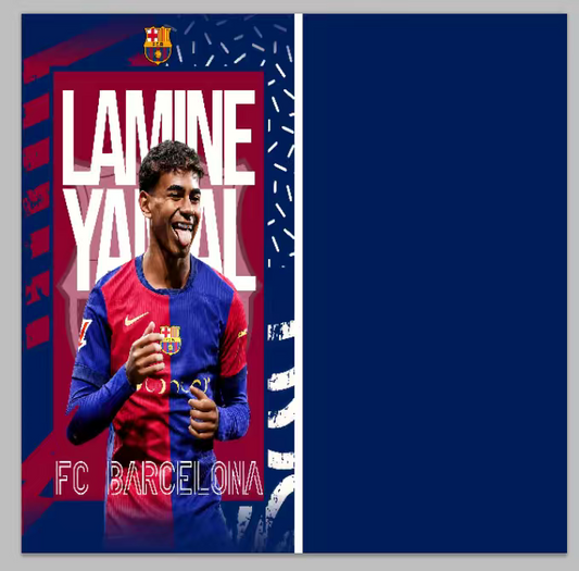 Serviette microfibre - Lamine Yamal bleu et rouge avec portrait joueur et logo FC Barcelone, style sportif, vue de face lâche