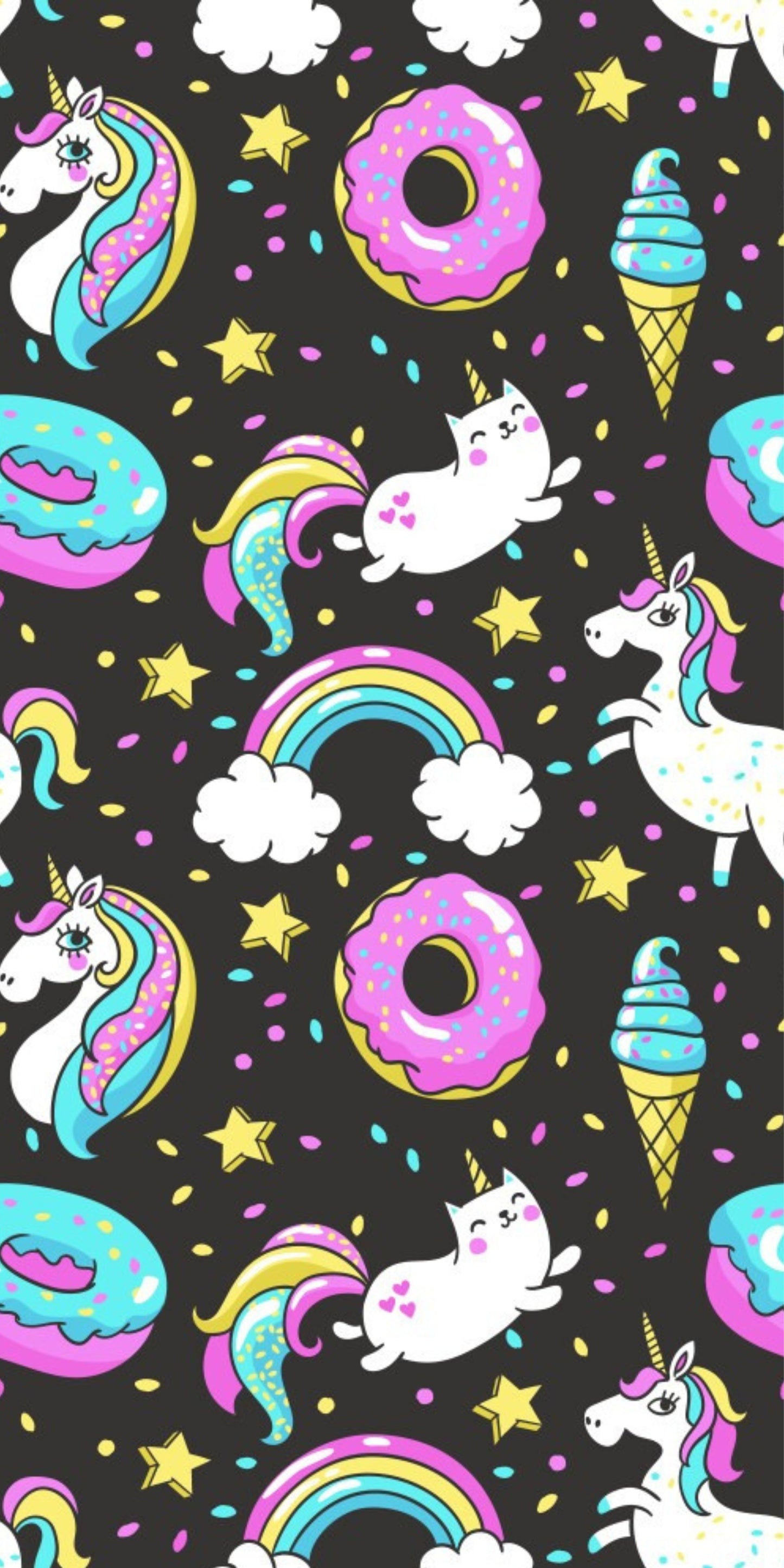 Serviette microfibre - Licorne noire avec motifs licornes blanches, arc-en-ciel, donuts roses et étoiles jaunes, vue de détail.