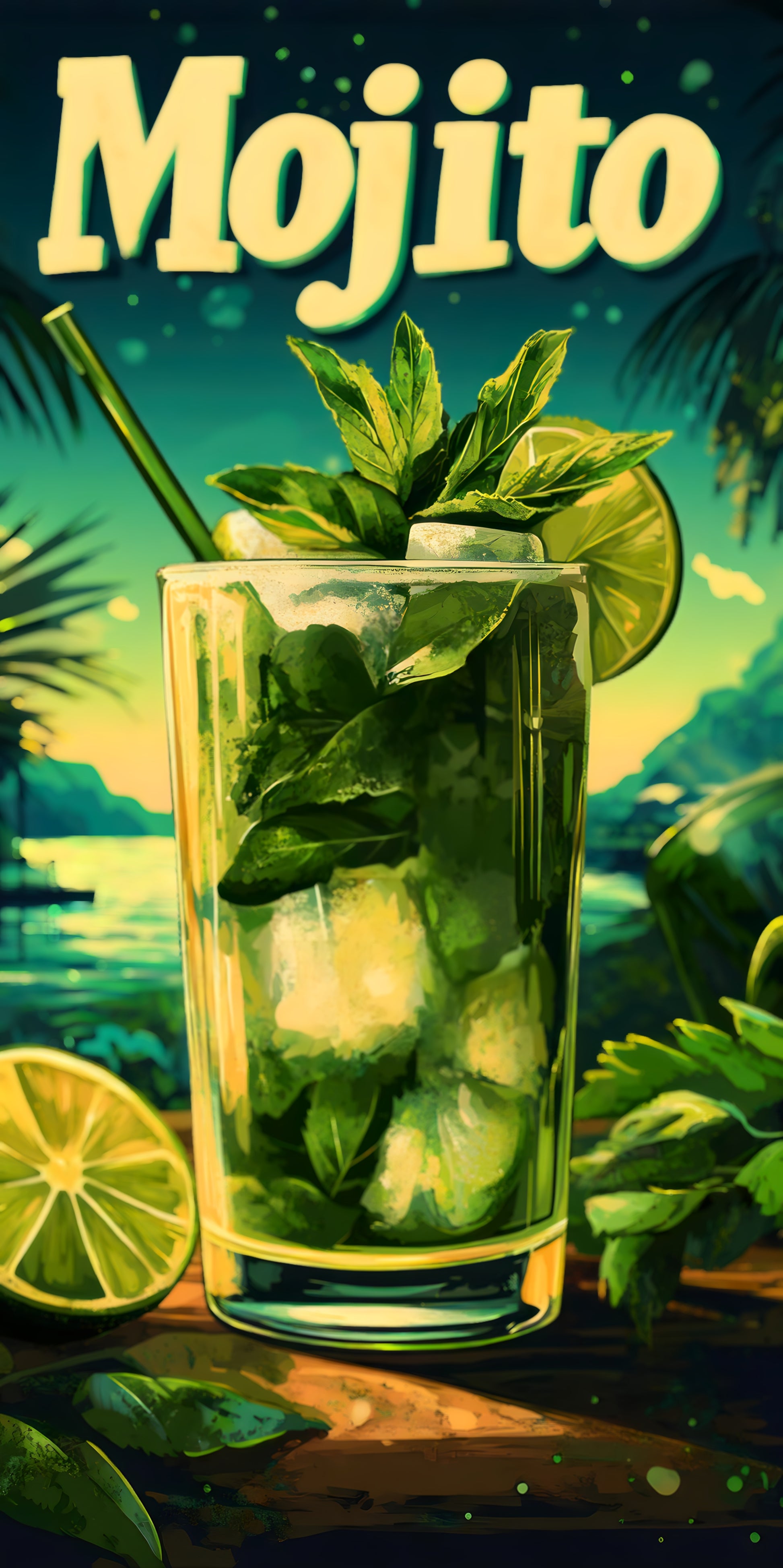 Serviette microfibre - Mojito verte et jaune avec motif verre de mojito, feuille de menthe et tranche de citron, vue de face.