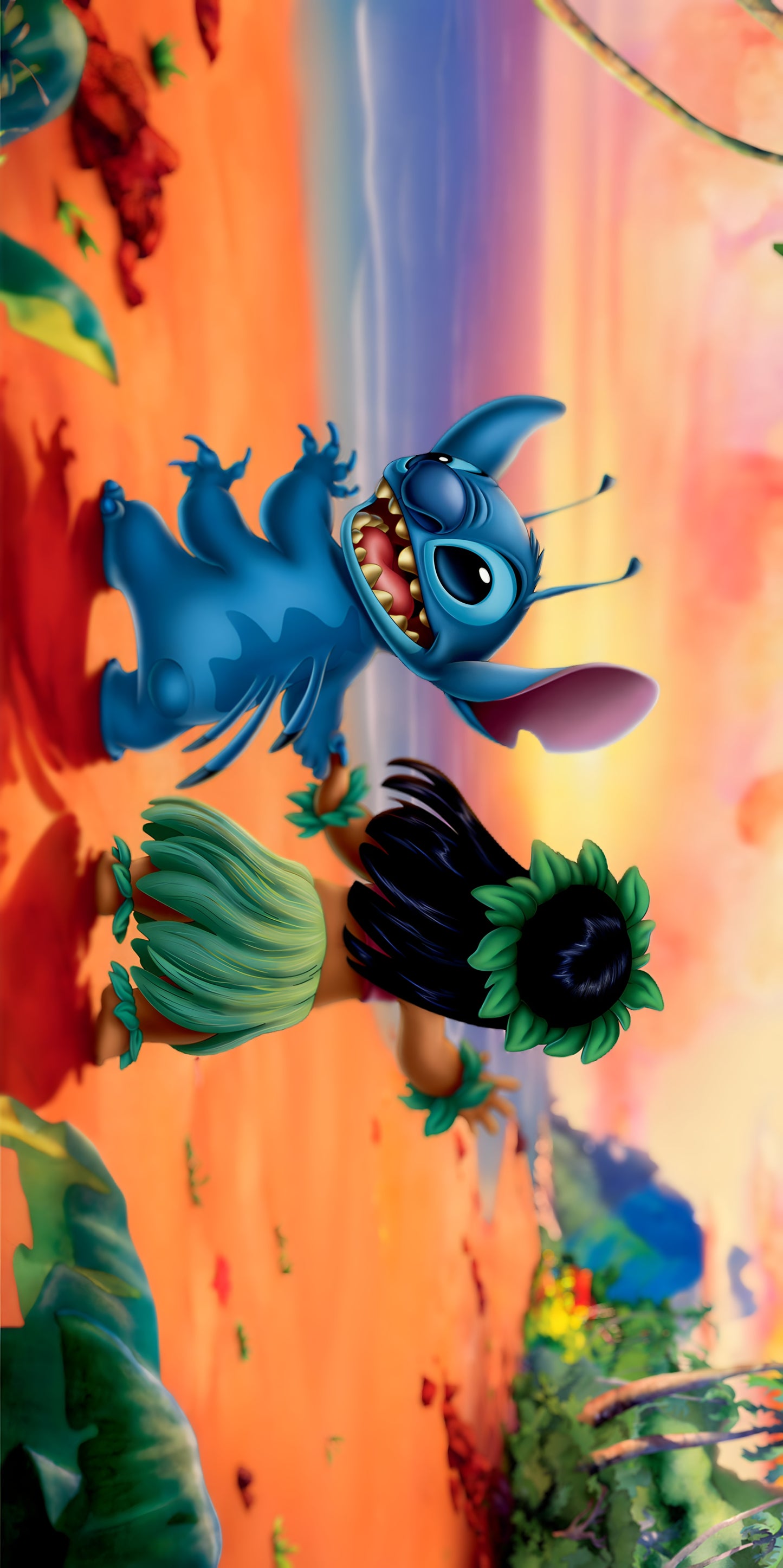 Serviette microfibre - Stitch bleu avec personnage animé, motifs vert et noir, fond orange et ciel au coucher du soleil, vue de face.