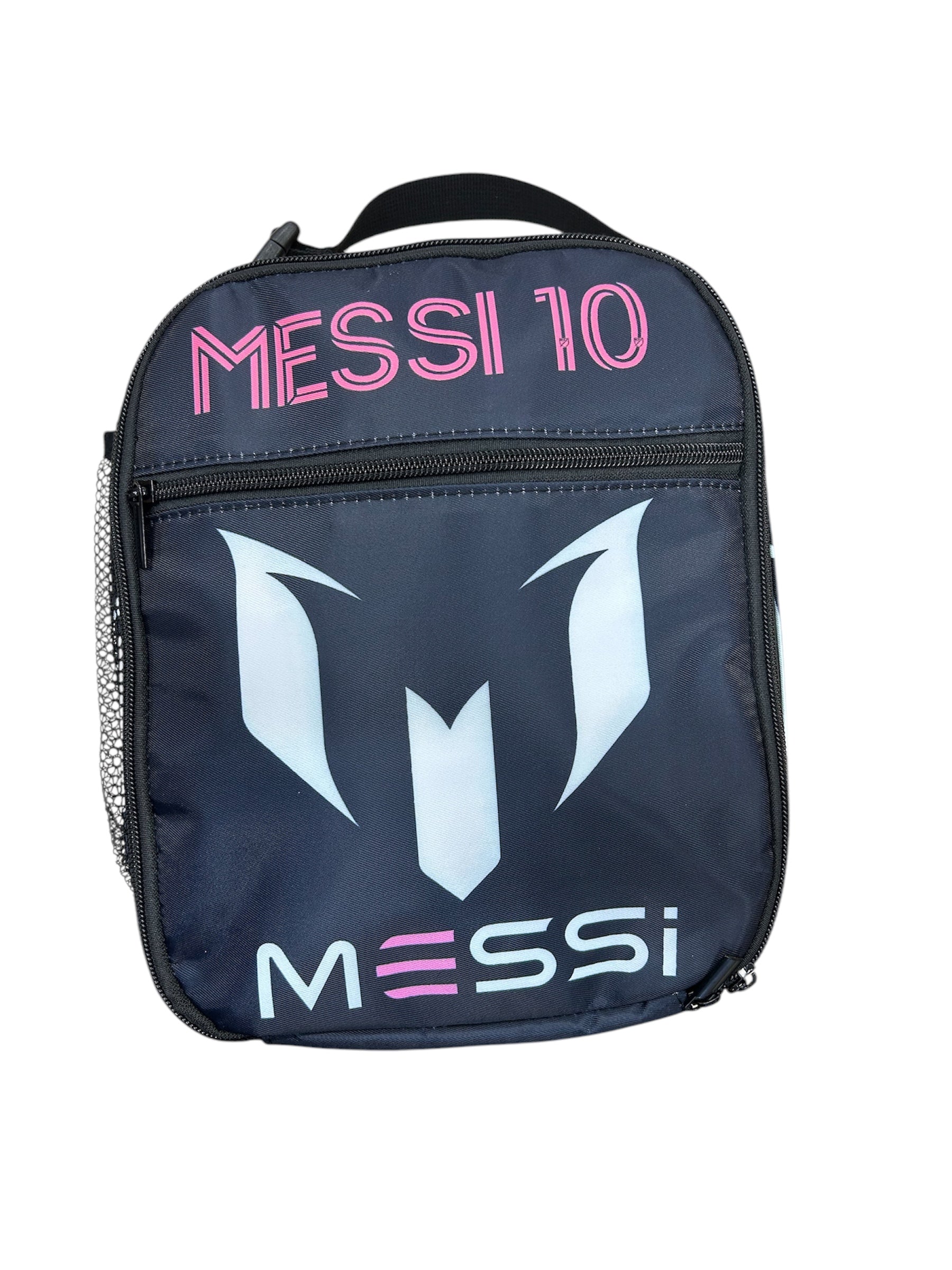 Boite à lunch - Messi 10 bleu marine et rose avec logo blanc et rose, style pratique, pour enfant, vue de face.