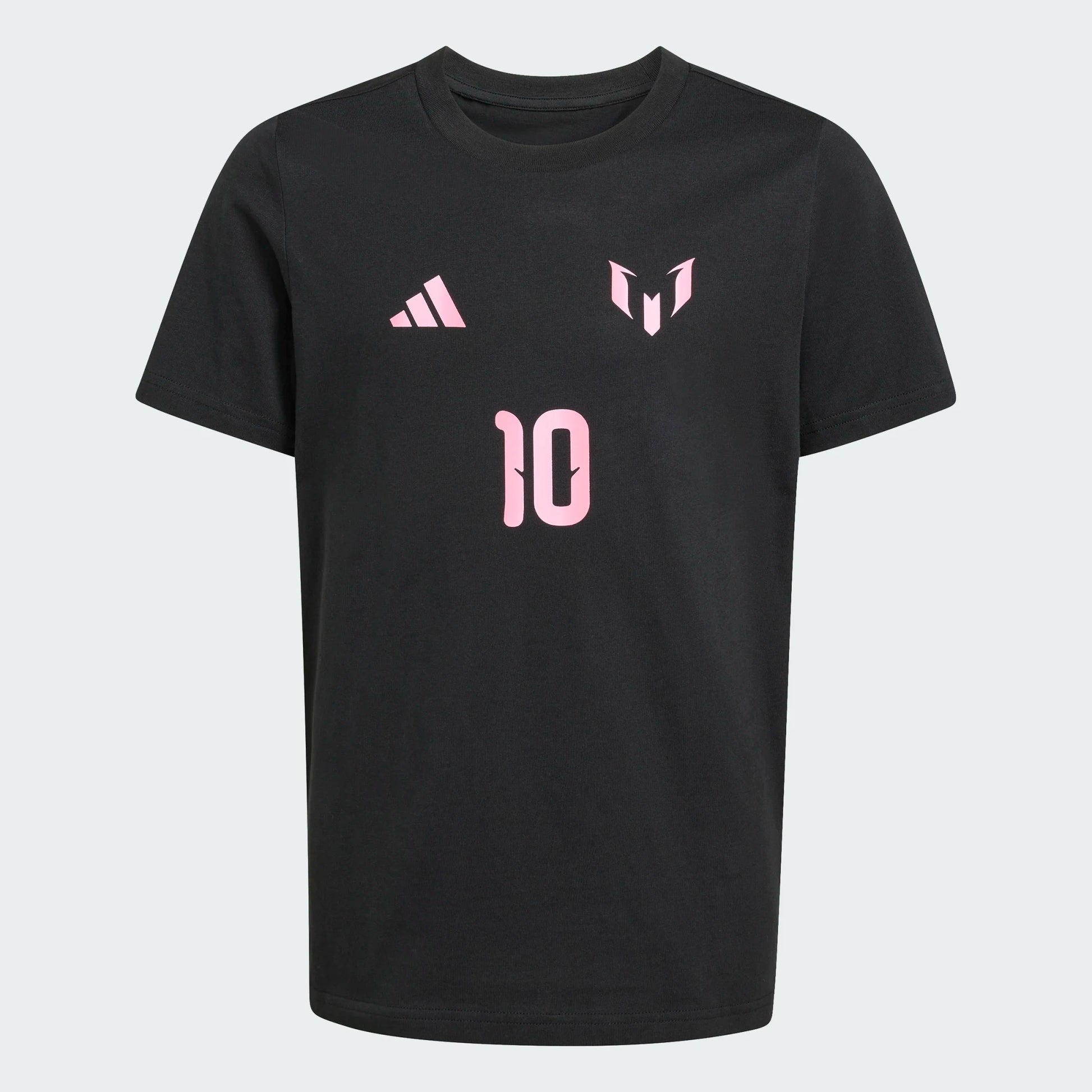 T-Shirt Messi - Adidas noir en coton avec logo et numéro 10 roses, style enfant, vue de face.
