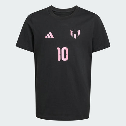 T-Shirt Messi - Adidas noir en coton avec logo et numéro 10 roses, style enfant, vue de face.