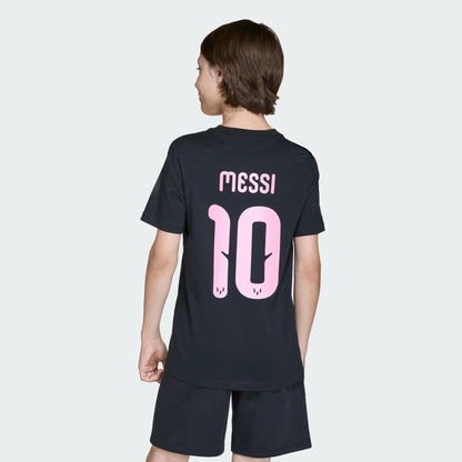 T-Shirt Messi - Adidas noir en coton avec inscription rose "MESSI 10", pour garçon, vue de dos porté sur mannequin.